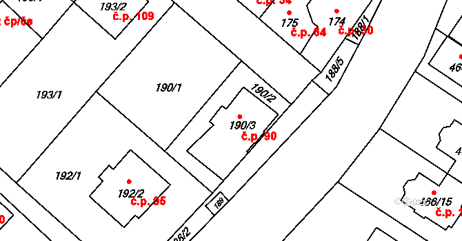 Rebešovice 90 na parcele st. 190/3 v KÚ Rebešovice, Katastrální mapa