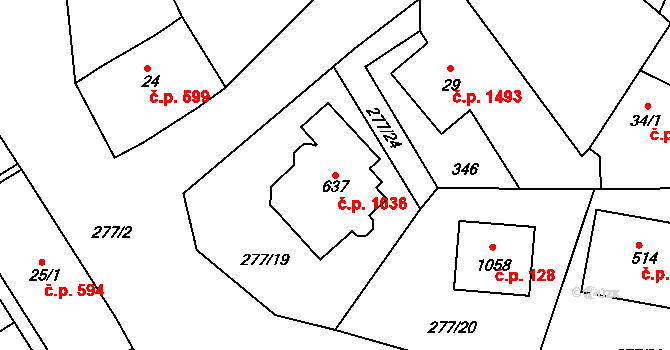 Rudná 1036 na parcele st. 637 v KÚ Hořelice, Katastrální mapa