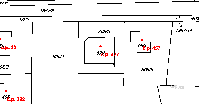 Hrádek 477 na parcele st. 670 v KÚ Hrádek, Katastrální mapa
