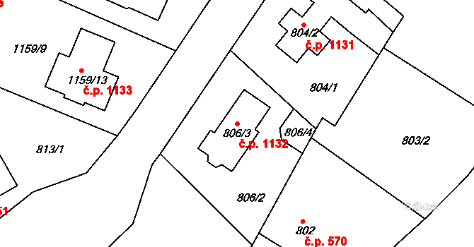 Jemnice 1132 na parcele st. 806/3 v KÚ Jemnice, Katastrální mapa