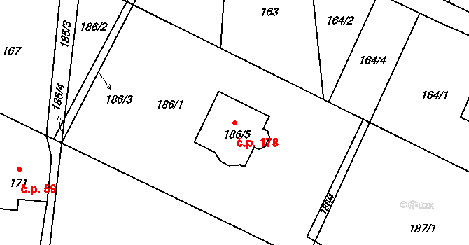 Okrouhlá 178 na parcele st. 186/5 v KÚ Okrouhlá u Nového Boru, Katastrální mapa