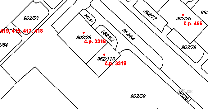 Frýdek 3319, Frýdek-Místek na parcele st. 962/113 v KÚ Frýdek, Katastrální mapa