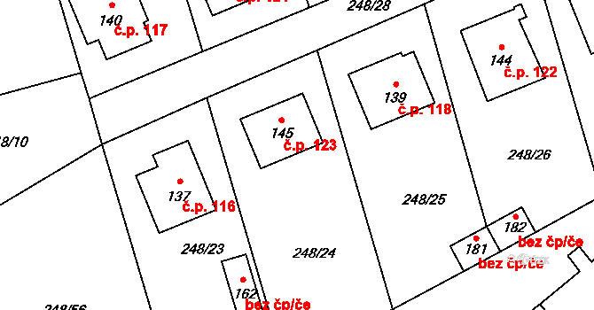 Střezimíř 123 na parcele st. 145 v KÚ Střezimíř, Katastrální mapa