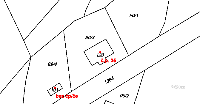 Kvasejovice 35, Sedlec-Prčice na parcele st. 120 v KÚ Kvasejovice, Katastrální mapa