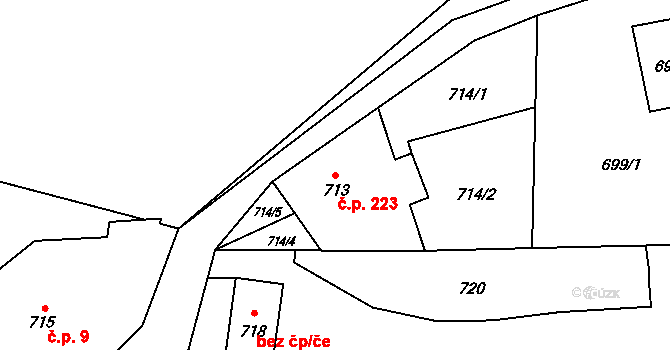 Radvanice 223, Ostrava na parcele st. 713 v KÚ Radvanice, Katastrální mapa