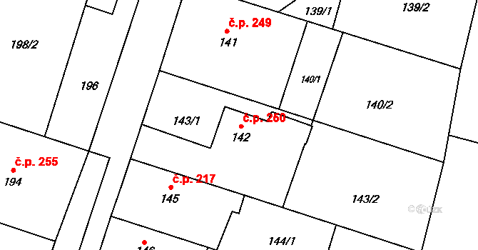 Oldřišov 250 na parcele st. 142 v KÚ Oldřišov, Katastrální mapa