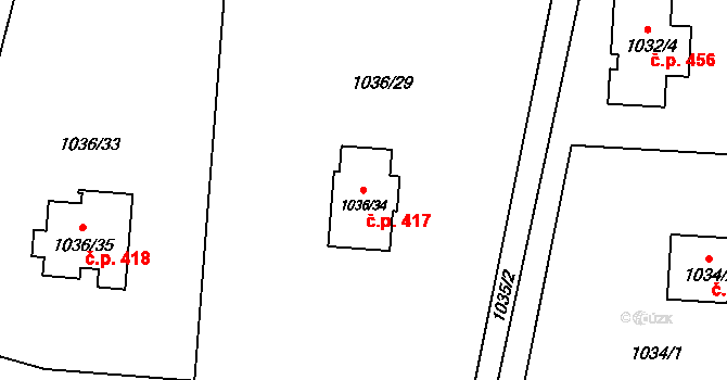Dolní Líštná 417, Třinec na parcele st. 1036/34 v KÚ Dolní Líštná, Katastrální mapa