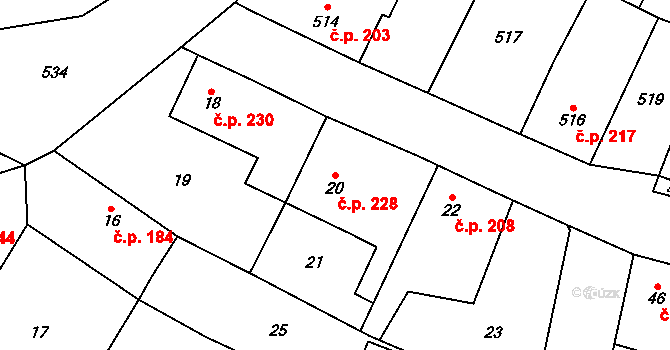Chotíkov 228 na parcele st. 20 v KÚ Chotíkov, Katastrální mapa