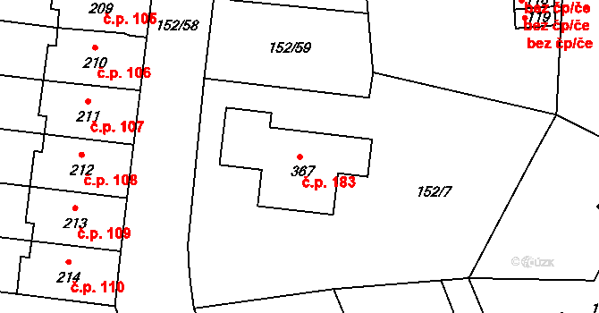 Ráby 183 na parcele st. 367 v KÚ Ráby, Katastrální mapa