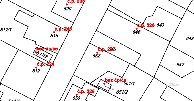 Zruč 227, Zruč-Senec na parcele st. 652 v KÚ Zruč, Katastrální mapa