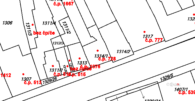 Holešov 728 na parcele st. 1314/1 v KÚ Holešov, Katastrální mapa