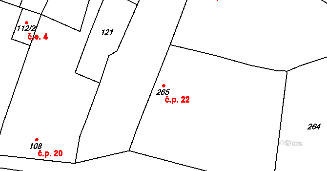 Troubky 22 na parcele st. 265 v KÚ Troubky nad Bečvou, Katastrální mapa