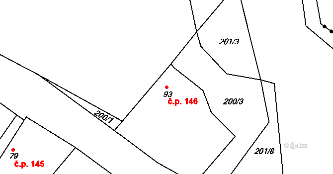 Chedrbí 146, Krchleby na parcele st. 93 v KÚ Chedrbí, Katastrální mapa