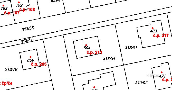 Řež 211, Husinec na parcele st. 504 v KÚ Husinec u Řeže, Katastrální mapa