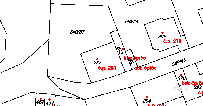 Jeneč 281 na parcele st. 287 v KÚ Jeneč u Prahy, Katastrální mapa
