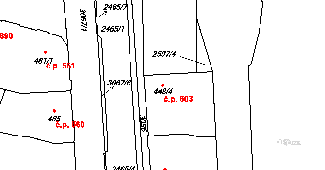 Kyjov 603 na parcele st. 448/4 v KÚ Kyjov, Katastrální mapa