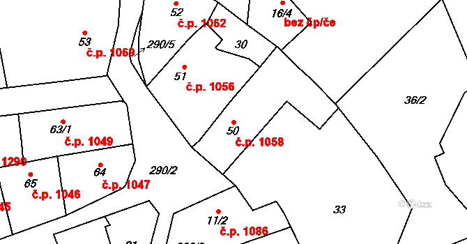 Švermov 1058, Kladno na parcele st. 50 v KÚ Hnidousy, Katastrální mapa
