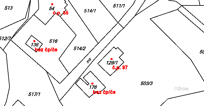 Obora 87 na parcele st. 129/1 v KÚ Obora u Tachova, Katastrální mapa