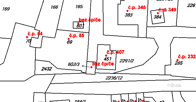 Hudlice 407 na parcele st. 451 v KÚ Hudlice, Katastrální mapa