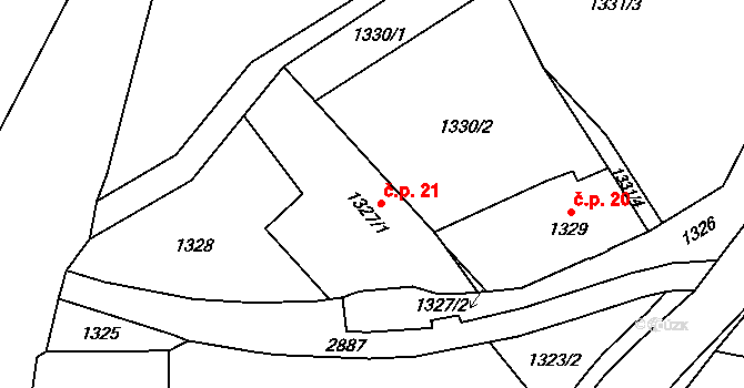 Hlubočky 21 na parcele st. 1327/1 v KÚ Hlubočky, Katastrální mapa