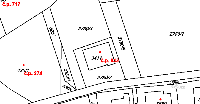 Rožnov pod Radhoštěm 943 na parcele st. 3411 v KÚ Rožnov pod Radhoštěm, Katastrální mapa