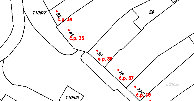Rouchovany 36 na parcele st. 80 v KÚ Rouchovany, Katastrální mapa