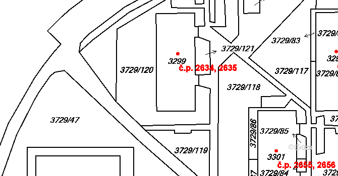 Břeclav 2634,2635 na parcele st. 3299 v KÚ Břeclav, Katastrální mapa