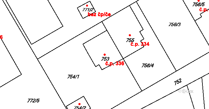 Veveří 336, Brno na parcele st. 753 v KÚ Veveří, Katastrální mapa