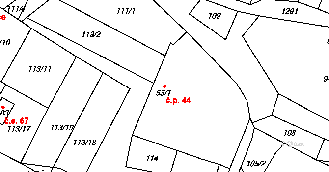 Želiv 44 na parcele st. 53/1 v KÚ Želiv, Katastrální mapa