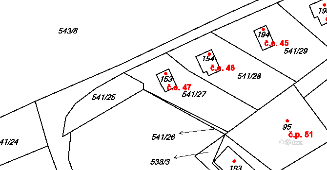 Lhotka 47 na parcele st. 153 v KÚ Lhotka u Mělníka, Katastrální mapa