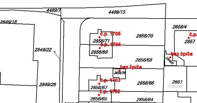 Strašnice 1704, Praha na parcele st. 2856/69 v KÚ Strašnice, Katastrální mapa
