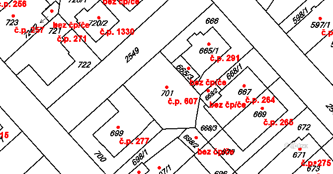 Doubravka 607, Plzeň na parcele st. 701 v KÚ Doubravka, Katastrální mapa