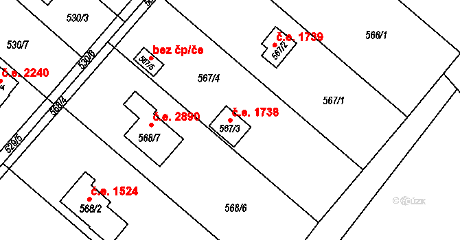 Doudlevce 1738, Plzeň na parcele st. 567/3 v KÚ Doudlevce, Katastrální mapa