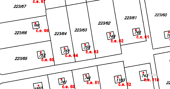 Malšovice 63, Hradec Králové na parcele st. 750 v KÚ Malšovice u Hradce Králové, Katastrální mapa