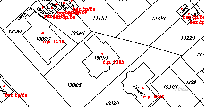 Doubravka 1383, Plzeň na parcele st. 1308/8 v KÚ Doubravka, Katastrální mapa