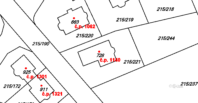 Rudná 1140 na parcele st. 728 v KÚ Hořelice, Katastrální mapa