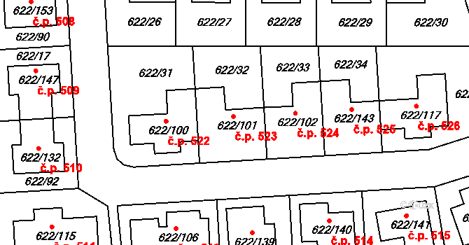 Horní Měcholupy 523, Praha na parcele st. 622/101 v KÚ Horní Měcholupy, Katastrální mapa