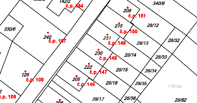Střelice 148, Uničov na parcele st. 230 v KÚ Střelice u Litovle, Katastrální mapa