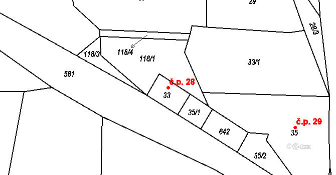 Miletice 28, Dlažov na parcele st. 33 v KÚ Miletice u Dlažova, Katastrální mapa