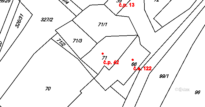 Tvoršovice 42, Bystřice na parcele st. 71 v KÚ Tvoršovice, Katastrální mapa