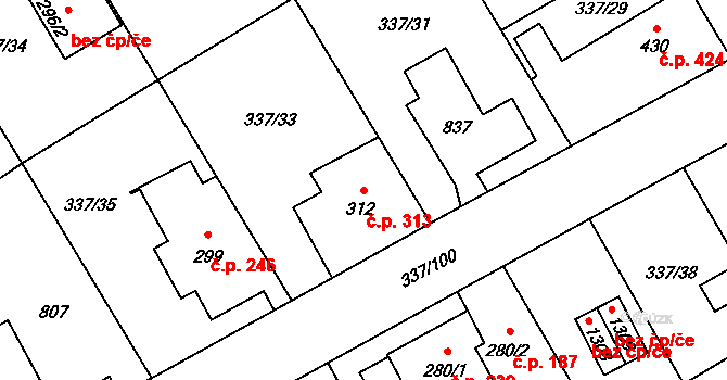 Heřmanice 313, Ostrava na parcele st. 312 v KÚ Heřmanice, Katastrální mapa