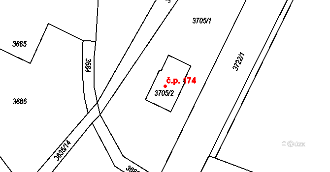 Sušice 174, Moravská Třebová na parcele st. 3705/2 v KÚ Moravská Třebová, Katastrální mapa