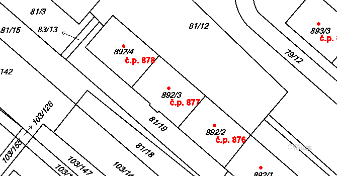 Neratovice 877 na parcele st. 892/3 v KÚ Neratovice, Katastrální mapa