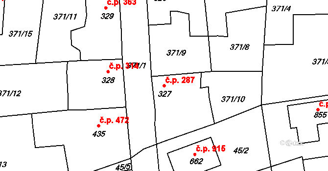 Rudná 287 na parcele st. 327/1 v KÚ Dušníky u Rudné, Katastrální mapa
