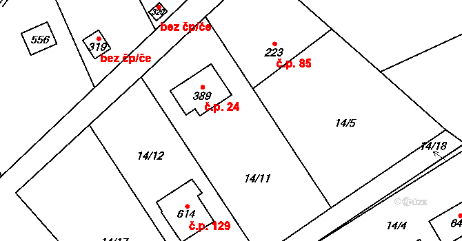 Černolice 24 na parcele st. 389 v KÚ Černolice, Katastrální mapa