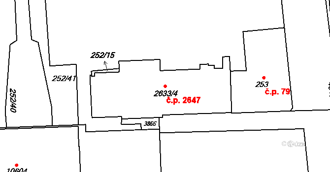 Zelené Předměstí 2647, Pardubice na parcele st. 2633/4 v KÚ Pardubice, Katastrální mapa