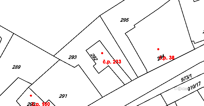 Vražné 233 na parcele st. 292 v KÚ Vražné u Oder, Katastrální mapa