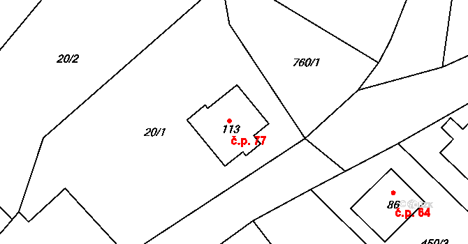 Pocoucov 77, Třebíč na parcele st. 113 v KÚ Pocoucov, Katastrální mapa
