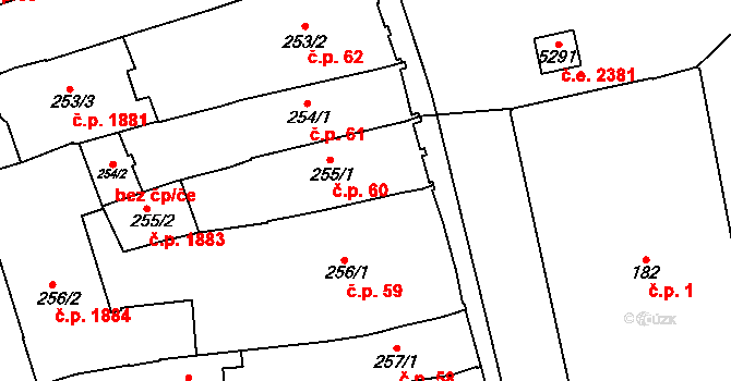 Žatec 60 na parcele st. 255/1 v KÚ Žatec, Katastrální mapa