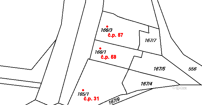 Lutotín 58, Bílovice-Lutotín na parcele st. 166/1 v KÚ Lutotín, Katastrální mapa